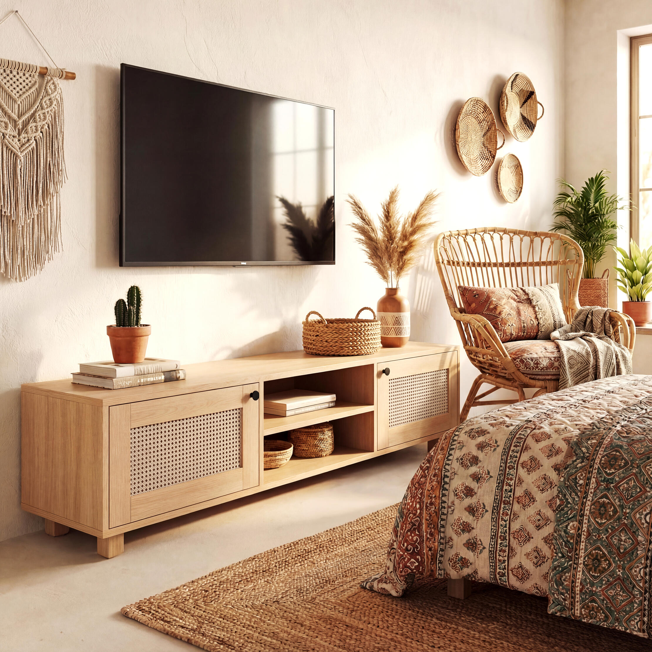 Wall-mounted TV above a light wood media console with cane doors in a warm, boho-style bedroom with woven decor and natural textures.
